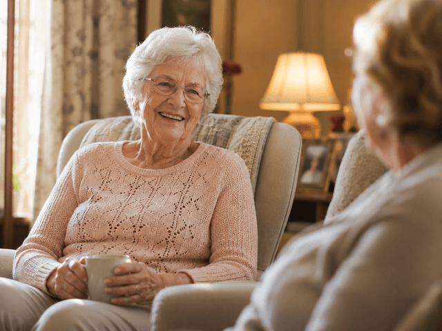 Two senior women enjoying a friendly visit over coffee