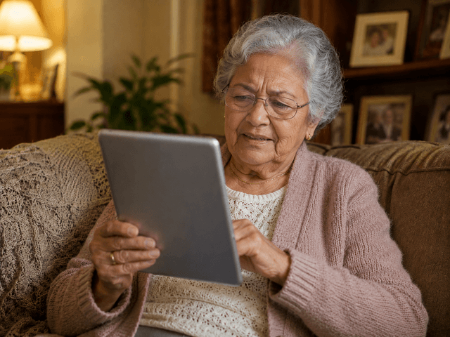 Senior woman getting help with a tablet