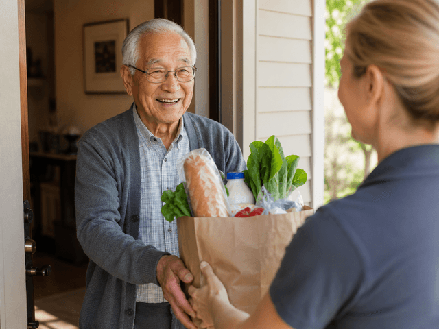 Senior man receiving a grocery delivery at his door