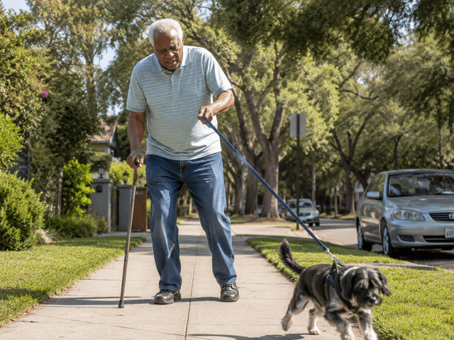 Senior man walking his dog on a sunny sidewalk
